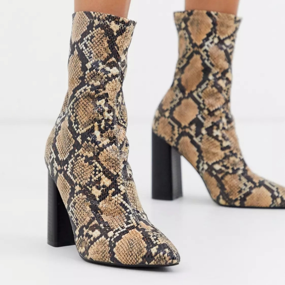 Public Desire Snakeskin Print Heel Sock Booties Size 7 but fit like an 8